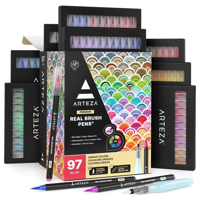 ARTEZA - Bol&iacute;grafos de pincel reales, 96 marcadores de acuarela, marcadores de dibujo con puntas de pincel flexibles, marcadores de acuarela para artistas y principiantes