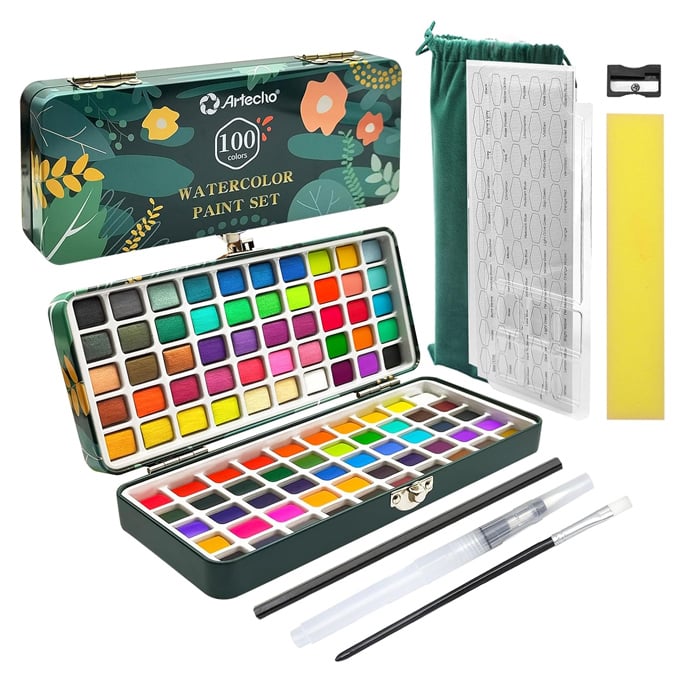 Artecho Juego de pintura de acuarela de 100 colores con metalizado en caja port&aacute;til, kit de pintura con papeles de acuarela y pinceles, juego de acuarela para principiantes y profesionales | 51 colores regulares, 35 met&aacute;licos, 4 fluorescentes y 10 colores macarr&oacute;n/caramelo; papel de acuarela y pinceles incluidos