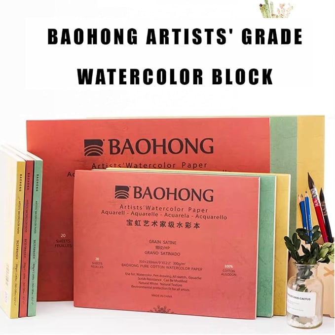 BAOHONG Bloque de papel de acuarela para artistas (20 hojas, pegadas en cuatro bordes), 100% algod&oacute;n, sin &aacute;cidos, 140 libras/300 GSM, suministros de arte de acuarela para pintura h&uacute;meda, seca y mixta