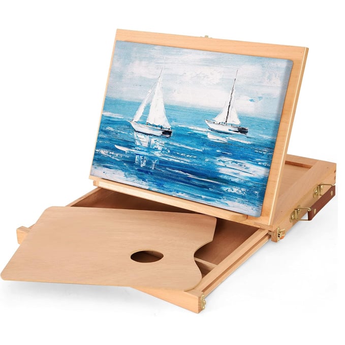 Caballete de mesa con caj&oacute;n de almacenamiento y paleta, caja de bocetos de madera de haya port&aacute;til ajustable, caballete de mesa para pintura, caballete de arte de viaje de escritorio