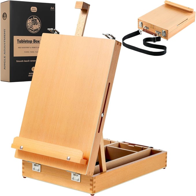 Caballete de mesa de madera de haya para pintar, caballete de arte port&aacute;til ajustable con caja de bocetos y correa desmontable para principiantes y amantes del arte | Upgraded Art Easel with Built-In Sketchbox Storage, Adjustable Angle, Desktop Drawing Easel for Sketching & Canvas Painting