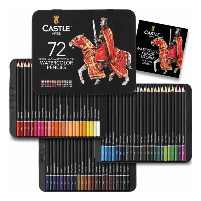 Castle Art Supplies Juego de l&aacute;pices de acuarela | 72 pigmentos vibrantes para mezclar, dibujar y pintar | Adultos y profesionales | Presentado en estuche de lata