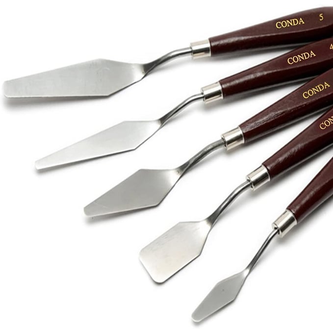 11 mejores materiales para pintar al óleo CONDA Cuchillo de paleta para pintura de acero inoxidable, espátula, cuchillo de paleta de pintura al óleo, cuchillos de metal, mango de madera (rojo, 5 piezas)