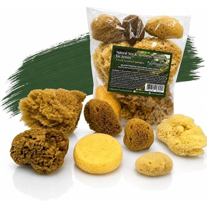 Esponjas sint&eacute;ticas y de mar natural &ndash; Tama&ntilde;os surtidos 7 piezas paquete de valor para manualidades y artistas: ideal para pintura, pasatiempos, arte, efectos, cer&aacute;mica, arcilla, cer&aacute;mica por | 7-piece mix of 6 natural sea sponges & 1 synthetic. Assorted sizes 1.5"-4.5". Painting, ceramics, clay, pottery & crafts