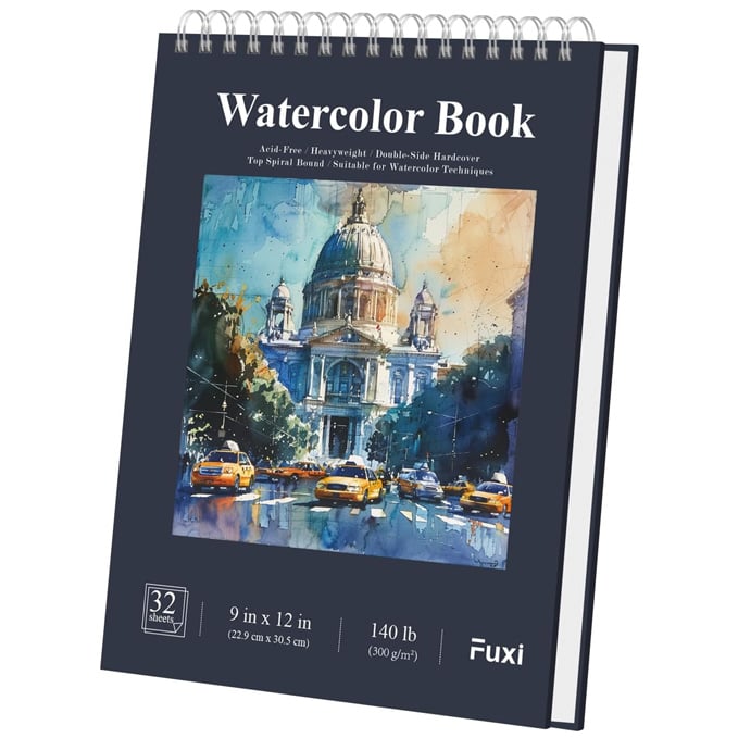 Fuxi Papel de Acuarela 9 x 12 pulgadas, Cuaderno de Bocetos de Acuarela 140 lb Prensado en Fr&iacute;o, 32 Hojas (64 P&aacute;ginas) Bloc de Acuarela, Perfecto para Aula, Hogar y Viajes, Suministros de Arte