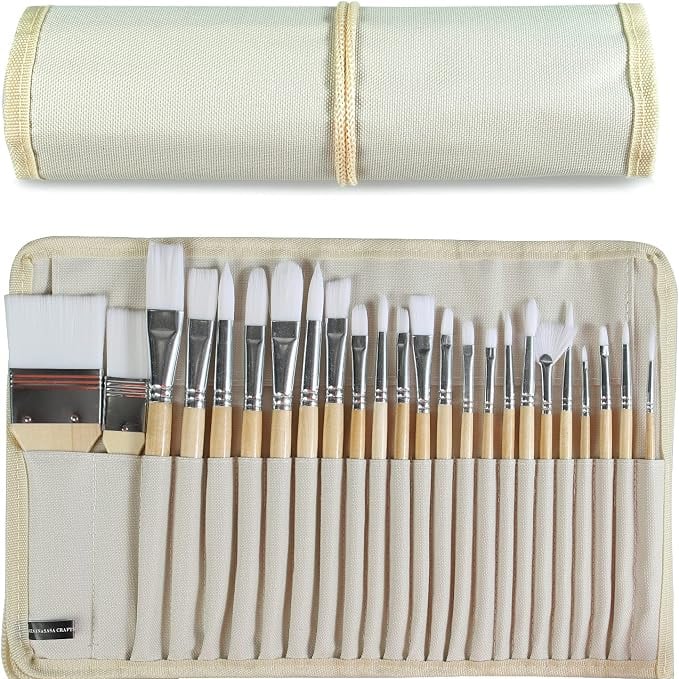 11 mejores materiales para pintar al óleo Juego de 24 pinceles de pintura con mango de madera con estuche de pincel de lona, profesional para pintura al óleo, acrílico y acuarela