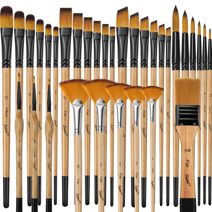 11 mejores materiales para pintar al óleo Bougimal - Juego de 33 pinceles de pintura, pinceles de pintura para pintura acrílica, óleo, acuarela, gouache, con pincel plano redondo para detalles de ángulo de abanico, adecuado para artistas y principiantes | Art Paint Brushes with Flat Round Filbert Fan Angle Detail Brush for Acrylic, Oil, Watercolor, for Artists & Beginners
