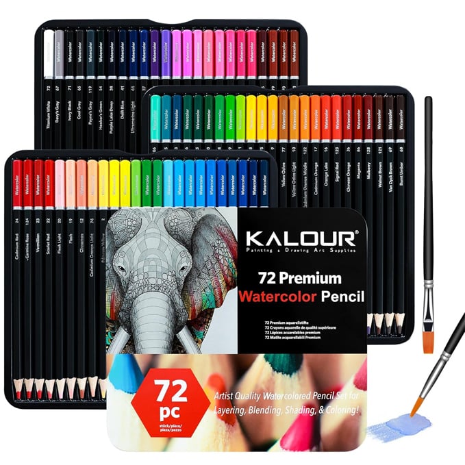 KALOUR L&aacute;pices de acuarela profesionales con 2 pinceles, 72 colores, hermosos efectos de mezcla con h&uacute;medo o seco, ideales para libros de colorear, l&aacute;pices solubles en agua para adultos principiantes | Smooth blendable pigments for wet & dry painting, great for adults, beginners, coloring books, sketching and illustration