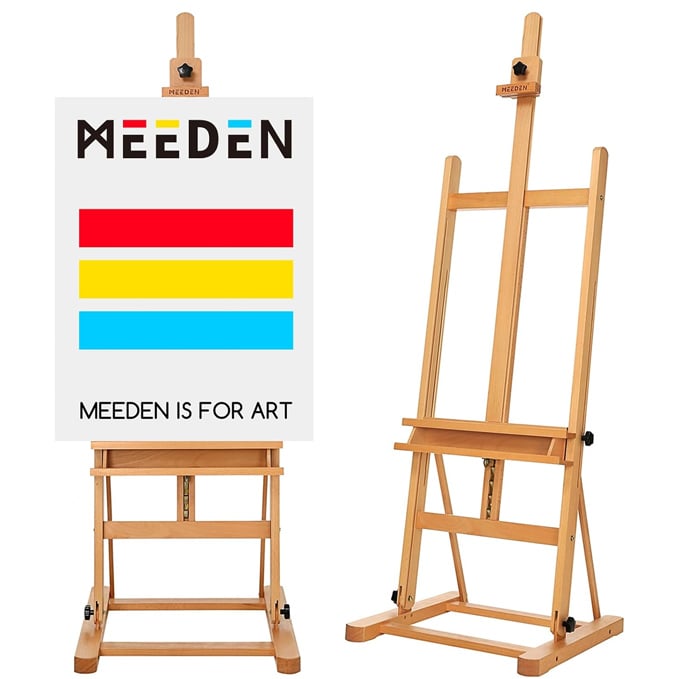 11 mejores materiales para pintar al óleo MEEDEN Caballete de estudio con marco en H con bandeja de almacenamiento, caballete de madera maciza de haya para pintar, mejor caballete de madera para piso, sostiene arte en lienzo de hasta 48