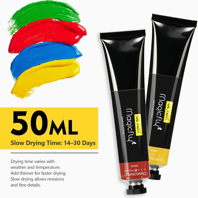 11 mejores materiales para pintar al óleo Magicfly Oil Paint, 20 Colors x 50ml/1.69 Fl oz. Large Tubes Oil Paint Set | Professional Non-toxic Oil Paints, Creamy Texture, Rich Pigmented, Easy to Blend, Ideal for Artists/Students/Beginners