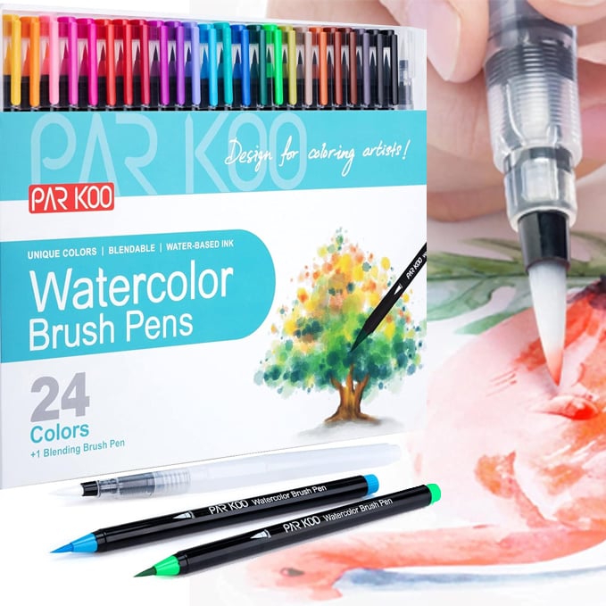 ParKoo Bol&iacute;grafos de acuarela con punta tipo pincel, 24 colores con punta de nailon flexible real para pintura de acuarela, 1 pincel para mezclar, marcadores de pintura para artistas y principiantes