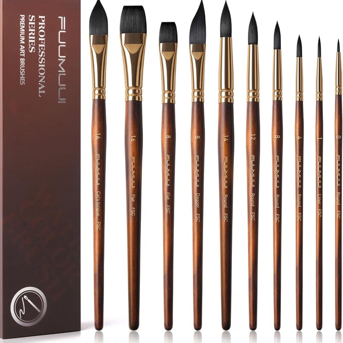 Pinceles de acuarela profesionales, Fuumuui juego de 10 pinceles de pelo de ardilla sint&eacute;tico para artistas - plano, punta redonda, daga, lengua de gato ovalada para acuarela, gouache