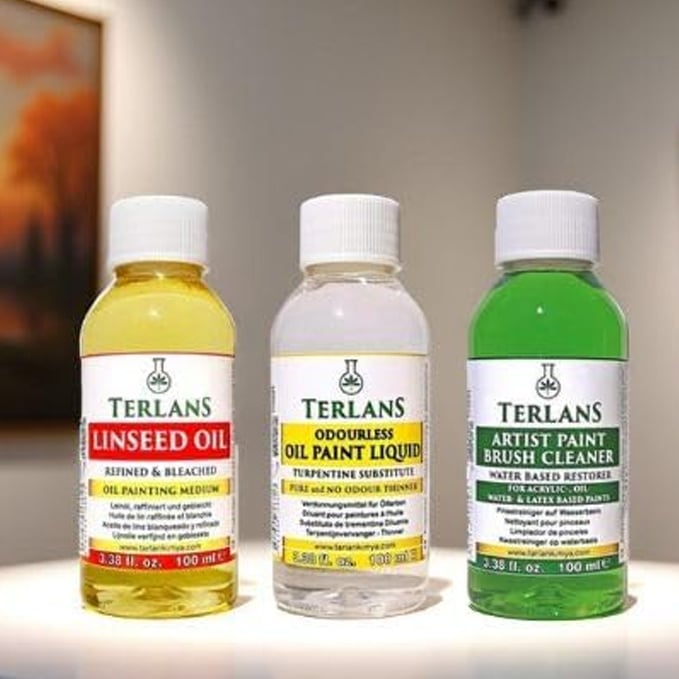 11 mejores materiales para pintar al óleo TERLANS Juego esencial de pintura al óleo, 3 x 3.4 fl oz (3 x 3.38 onzas líquidas) | Aceite de linaza, limpiador de pinceles y líquido de pintura al óleo inodoro para un flujo suave, dilución controlada y cuidado de la pintura | Suministros de pintura al óleo para artistas