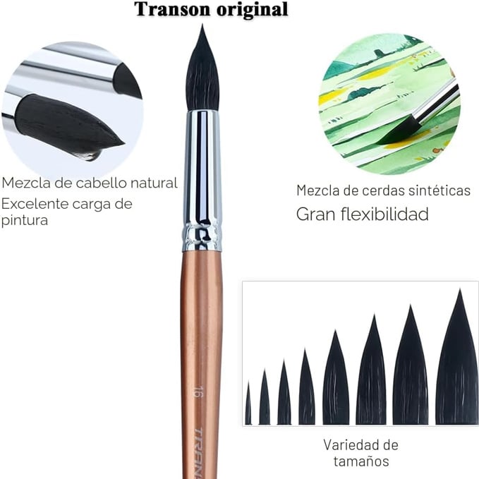 Transon Juego de 8 pinceles redondos para acuarela, pelo de cabra para acuarelas, acr&iacute;licos, tintas, gouache, &oacute;leo y t&eacute;mpera