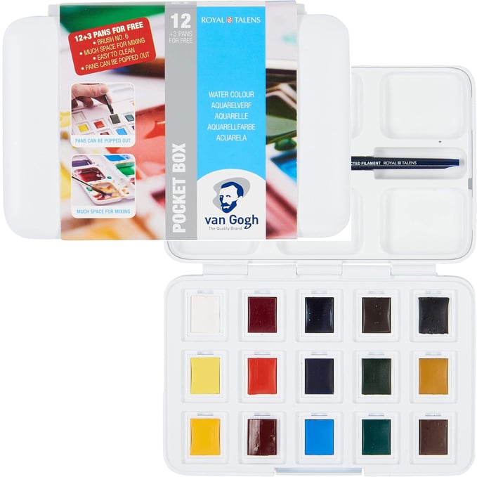 Van Gogh - Juego de pintura para acuarela, estuche de bolsillo de pl&aacute;stico, 12 medios recipientes + 3 medios recipientes de selecci&oacute;n general de bonificaci&oacute;n