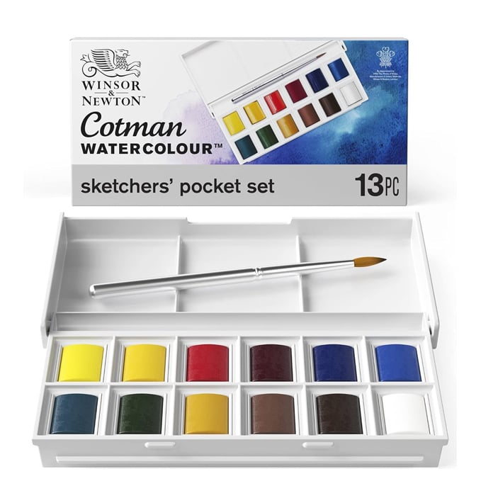 Winsor & Newton - Cotman - Caja de bolsillo de pintura para acuarelas, medias pastillas (14 piezas)