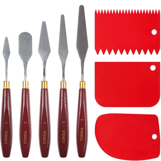 11 mejores materiales para pintar al óleo CONDA 5 piezas de cuchillo de paleta para pintar con 3 raspadores de plástico, espátula de acero inoxidable, cuchillo de paleta para pintar al óleo, cuchillos de metal para pintura, mango de madera
