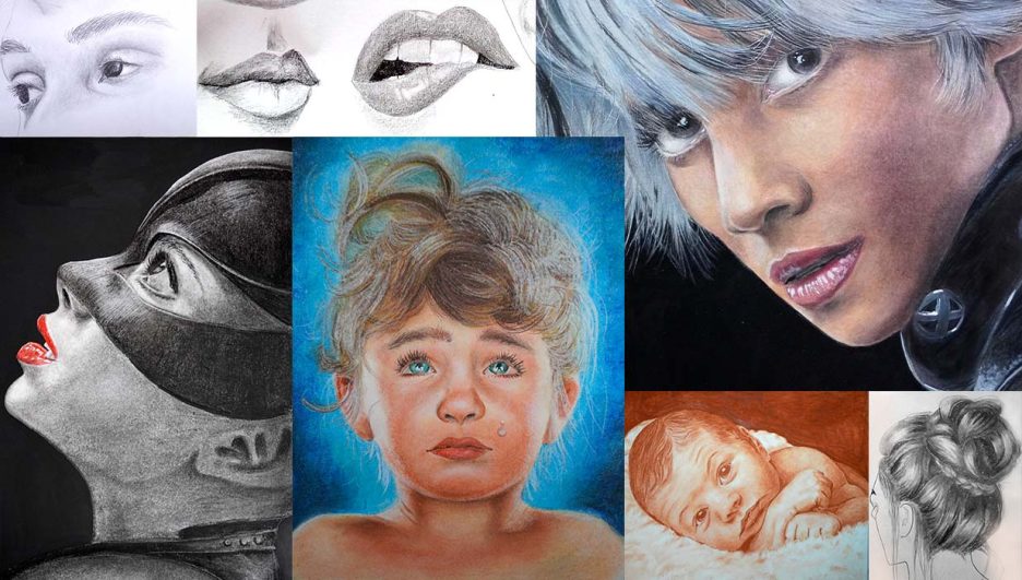 Ejercicios del curso dibujo retrato, incluye dibujo de ojos a lápiz, dibujo de retrato en tizas pastel, dibujo de retrato en carboncillo, retrato en sanguina y dibujo de retrato con lápices de colores.