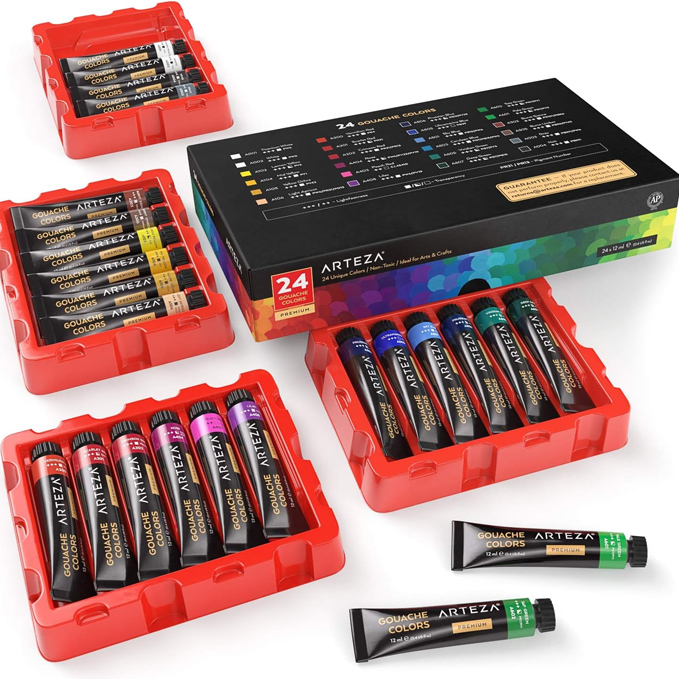Gouache pintura opaca, características y uso ARTEZA Pintura Gouache, juego de 24, tubos de pintura gouache de 0.4 fl oz/0.4 onzas líquidas, juego de gouache para adultos y estudiantes