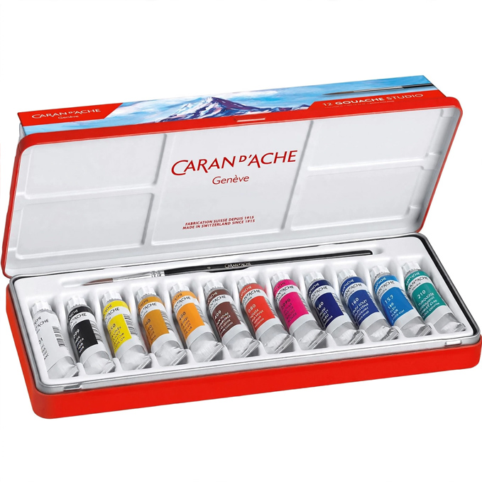 Gouache pintura opaca, características y uso Caran D'Ache Tubos de pintura, Gouache Studio, 12 colores, paquete de 1