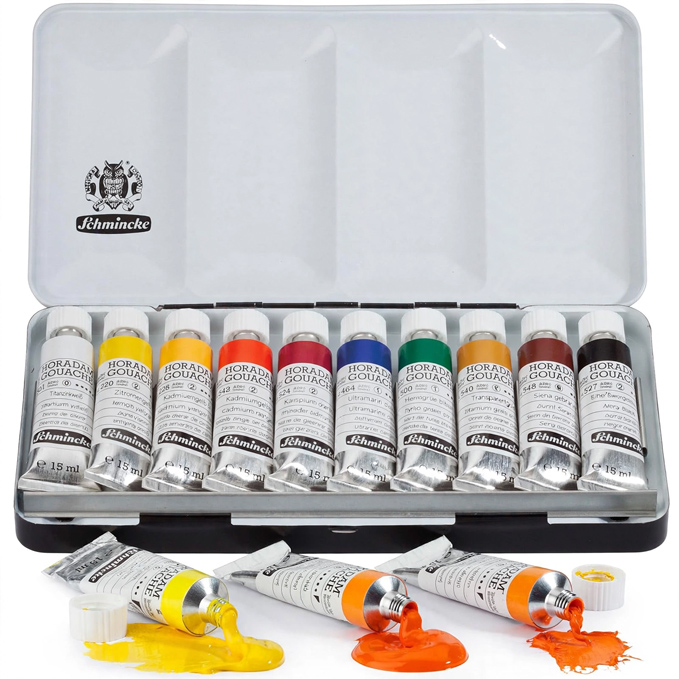 Gouache pintura opaca, características y uso Schmincke - HORADAM Gouache, tubos de 10 x 0,51 fl oz/0.5 fl oz, 72 701 097, 10 mejores colores gouache en una caja de metal, la mayor concentración de pigmentos