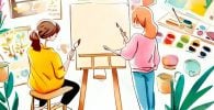 Técnicas de pintura, ilustración de taller de pintura con dos chicas frente a un caballete