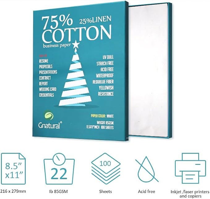 Papel para tinta china: Guía de compra 75% algodón, 25% papel de lino, papel de impresión de inyección de tinta de 3.00 oz/m², papel de currículum de color blanco de 8.5 x 11 pulgadas, 100 hojas que no se mojan el papel de algodón